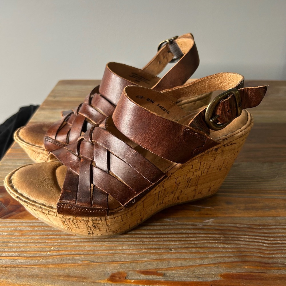 Born Brown Leather Woven Strappy Wedge Sandals Shoes Size 6‎ /